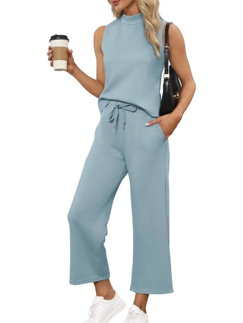 Women's Blue Two Piece Set Summer Outfits Lounge Sets Mock Neck Tops Wide Leg